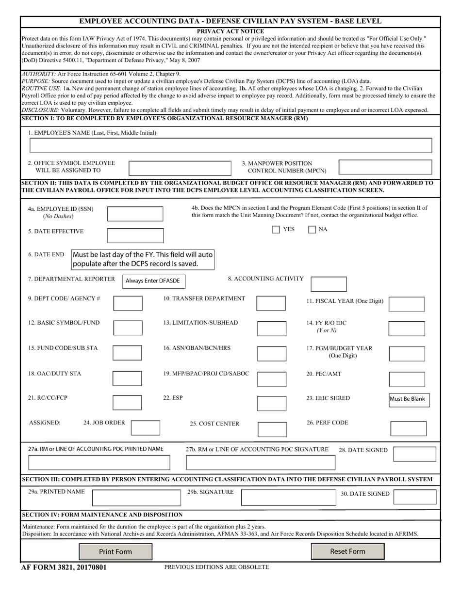 AF Form 3821 Employee Accounting Data - Defense Civilian Pay System - Base Level, Page 1