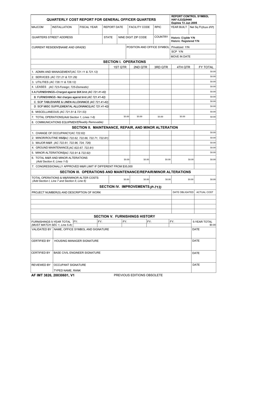 AF IMT Form 3826 Quarterly Cost Report for General Officer Quarters, Page 1