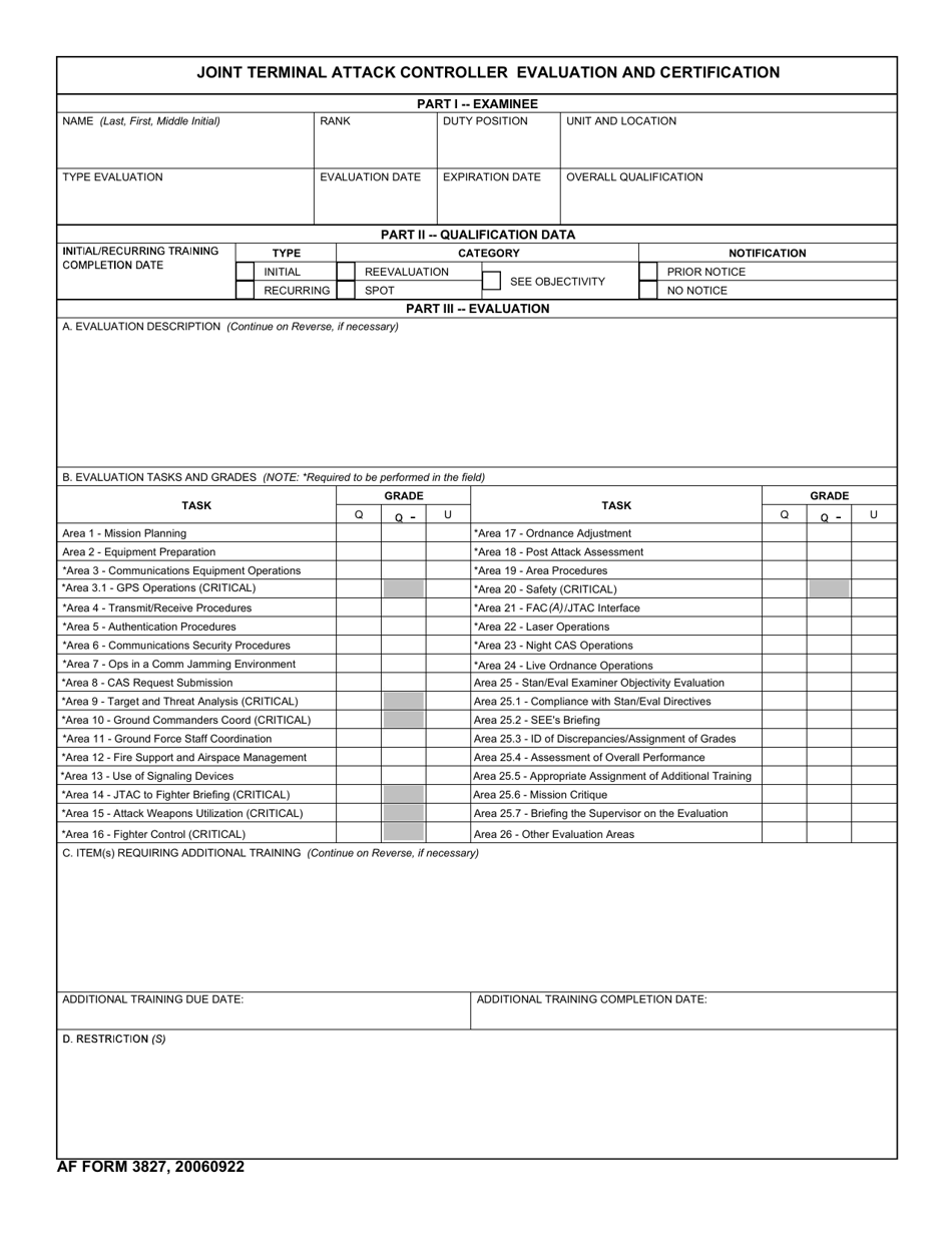 AF Form 3827 Joint Terminal Attack Controller Evaluation and Certification, Page 1