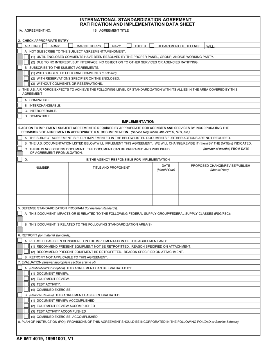 AF IMT Form 4019 International Standardization Agreement Ratification and Implementation Data Sheet, Page 1