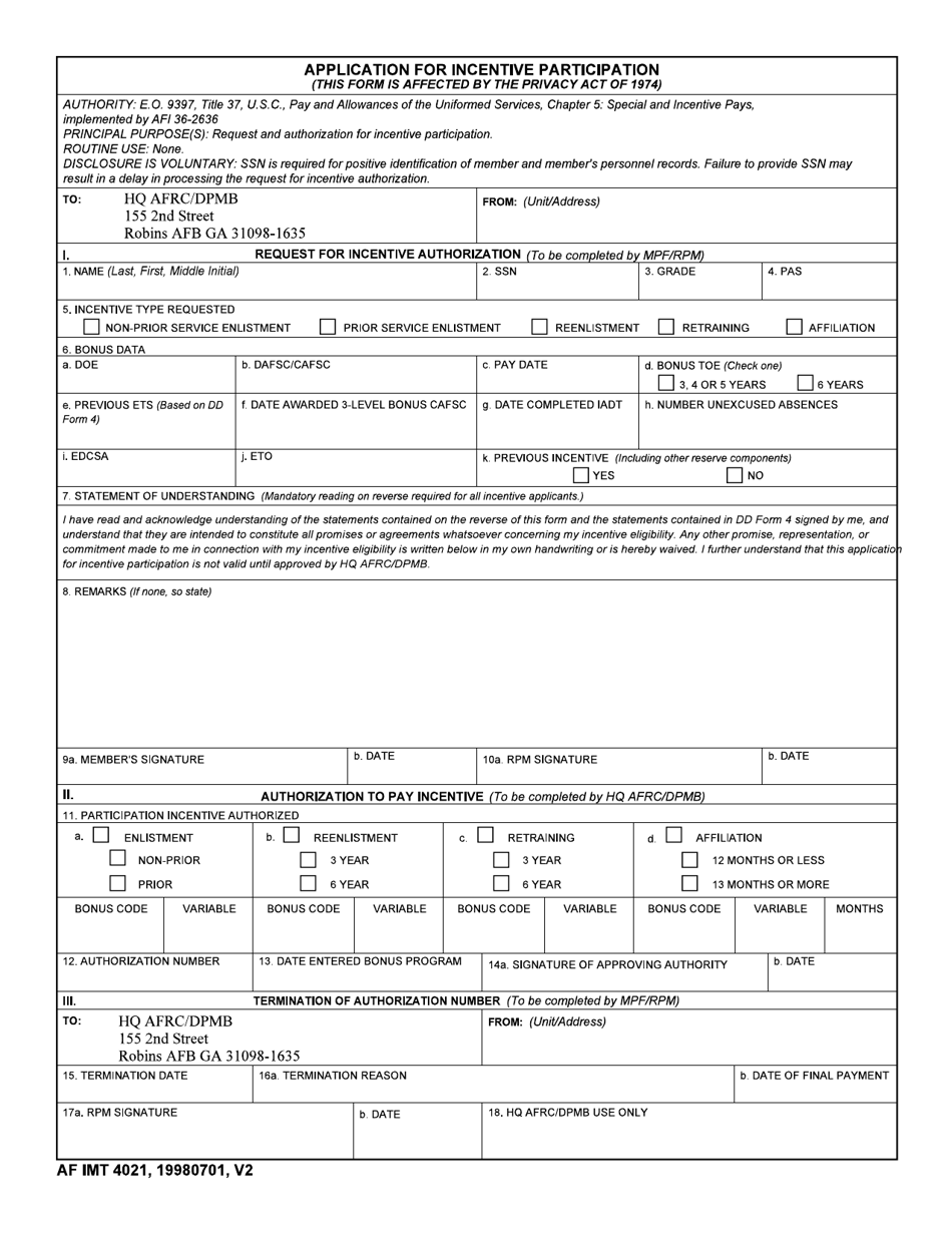 AF IMT Form 4021 Application for Incentive Participation, Page 1