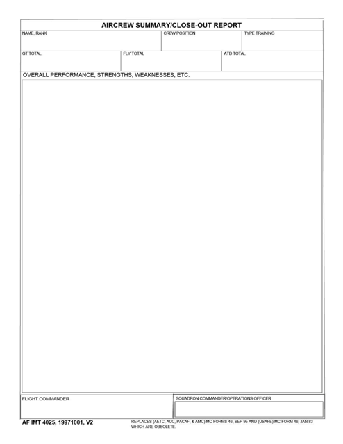 AF IMT Form 4025 Aircrew Summary/Close-Out Report