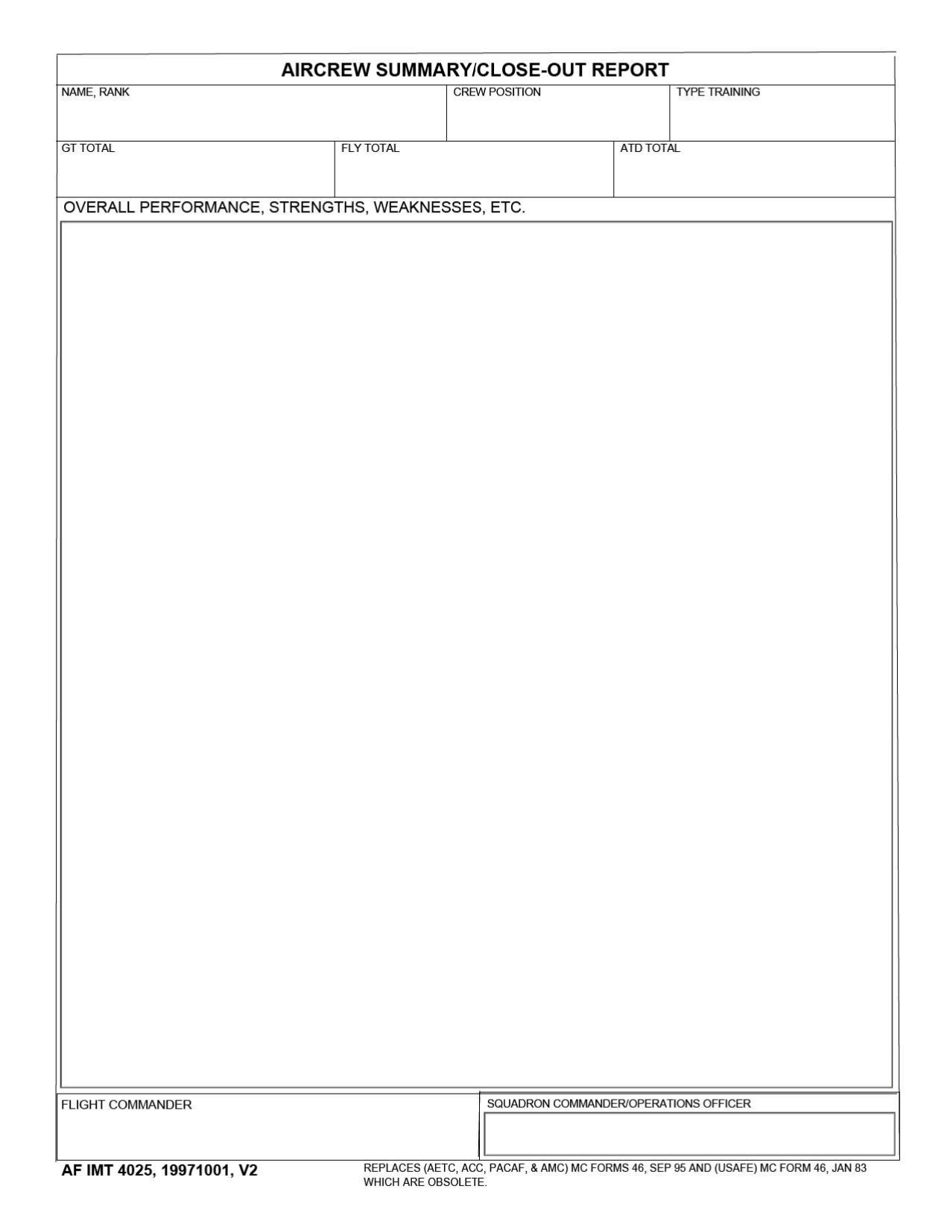 AF IMT Form 4025 Aircrew Summary / Close-Out Report, Page 1