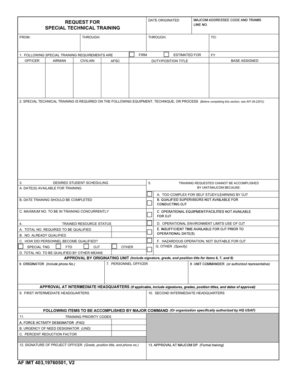 AF IMT Form 403 Request for Special Technical Training, Page 1