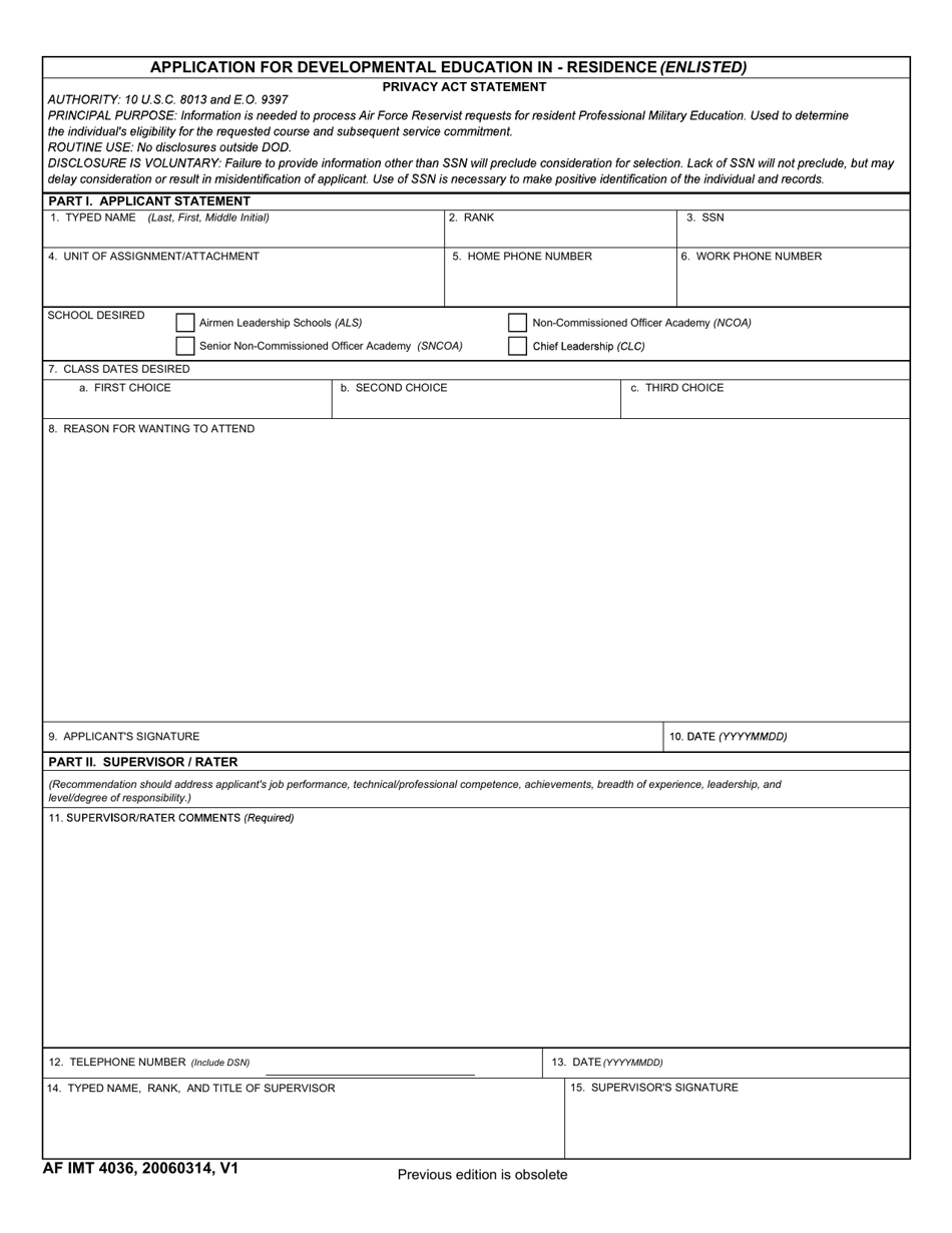 AF IMT Form 4036 Application for Developmental Education in-Residence (Enlisted), Page 1
