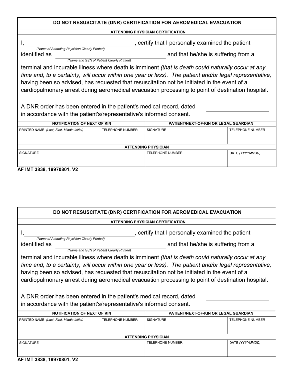 AF IMT Form 3838 Do Not Resuscitate (DNR) Certification for Aeromedical Evacuation, Page 1