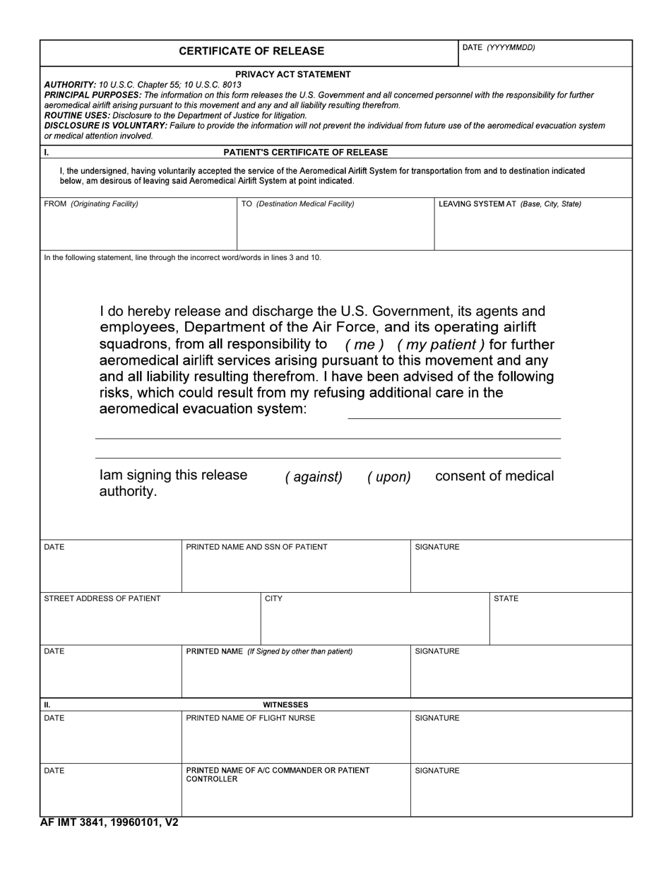 AF IMT Form 3841 Certificate of Release, Page 1