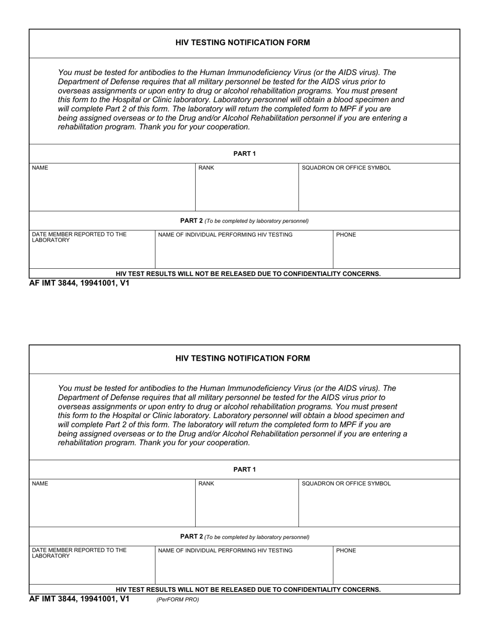 AF IMT Form 3844 HIV Testing Notification, Page 1