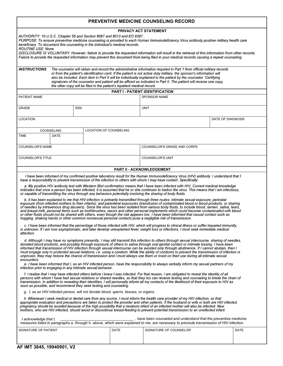 AF IMT Form 3845 Preventive Medicine Counseling Record, Page 1