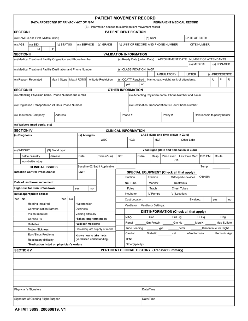 AF IMT Form 3899 Aeromedical Evacuation Patient Record, Page 1