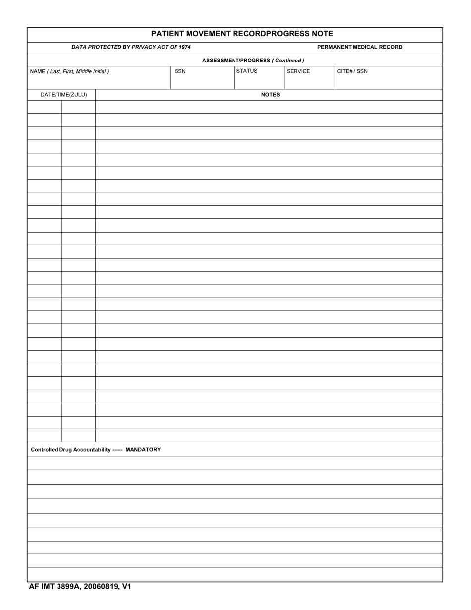 AF IMT Form 3899A Patient Movement Record Progress Note, Page 1