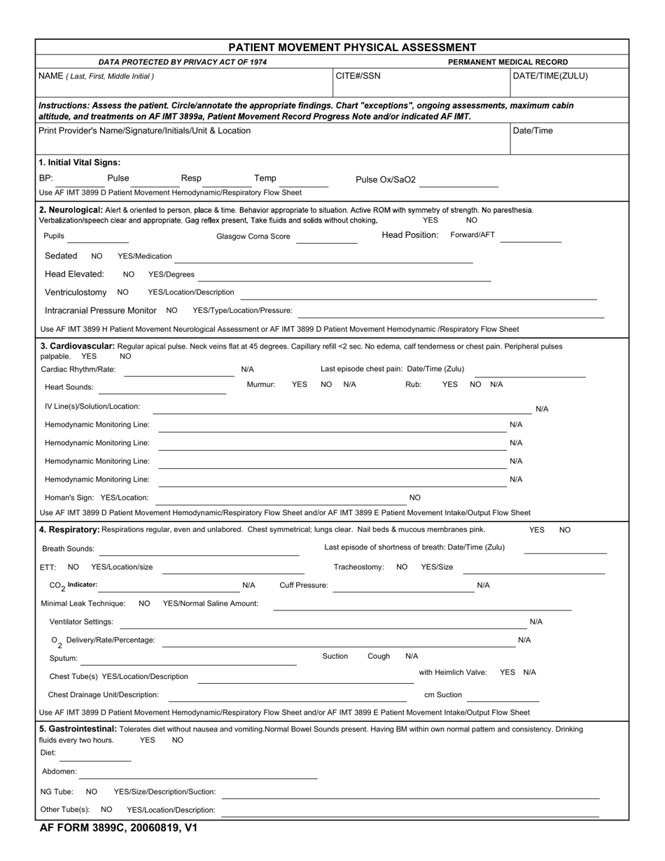 AF Form 3899C Patient Movement Physical Assessment, Page 1