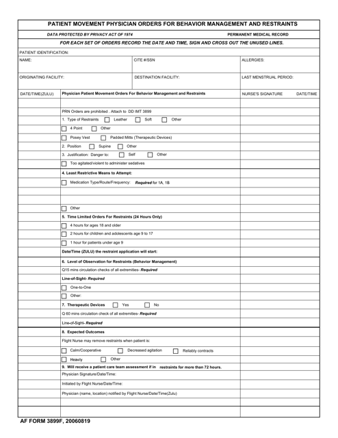 AF Form 3899F Patient Movement Physician Orders for Behavior Management and Restraints