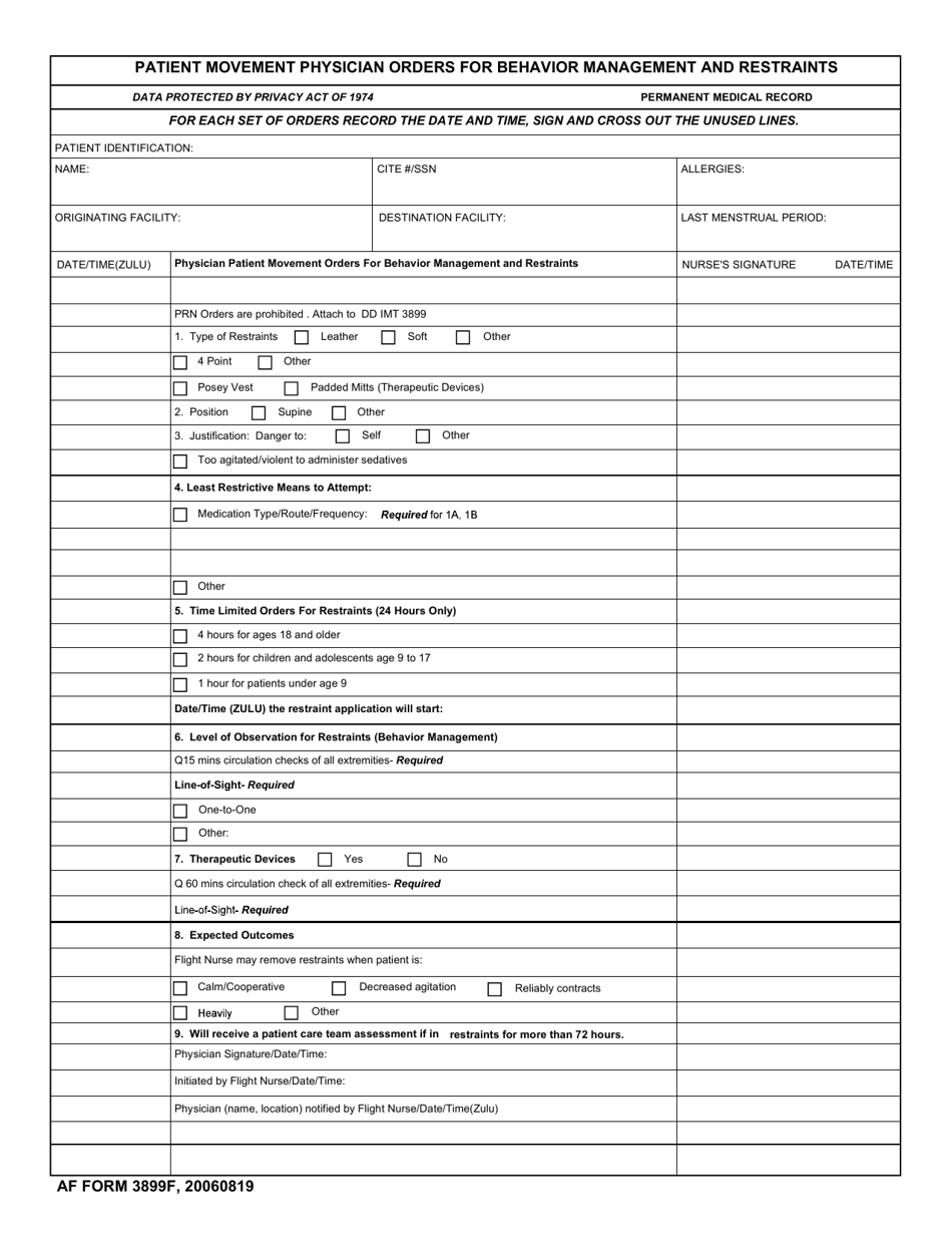 AF Form 3899F Patient Movement Physician Orders for Behavior Management and Restraints, Page 1