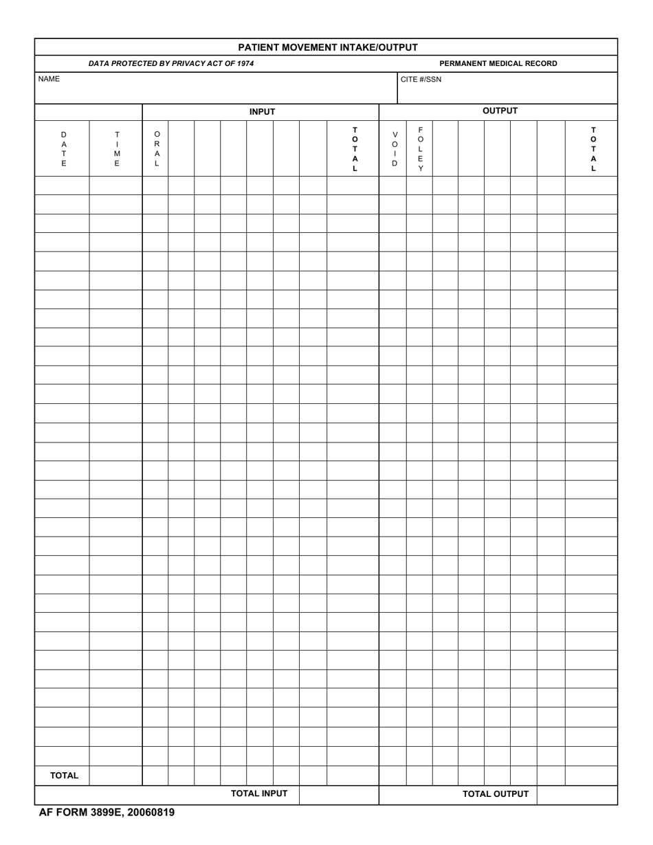 AF Form 3899E Patient Movement Intake / Output, Page 1