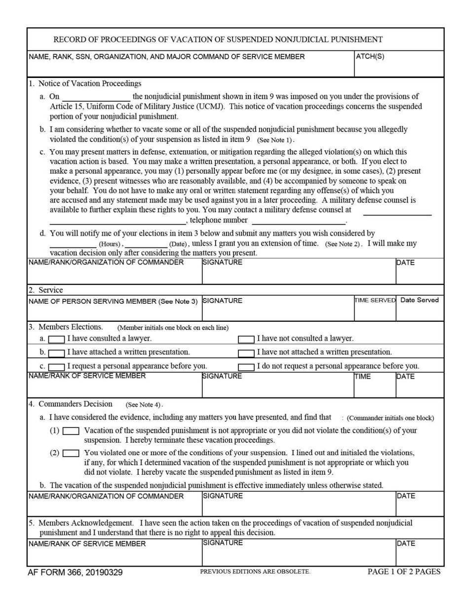 AF Form 366 Record of Proceedings of Vacation of Suspended Nonjudicial Punishment, Page 1