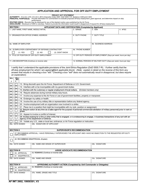 AF IMT Form 3902 Application and Approval for off-Duty Employment