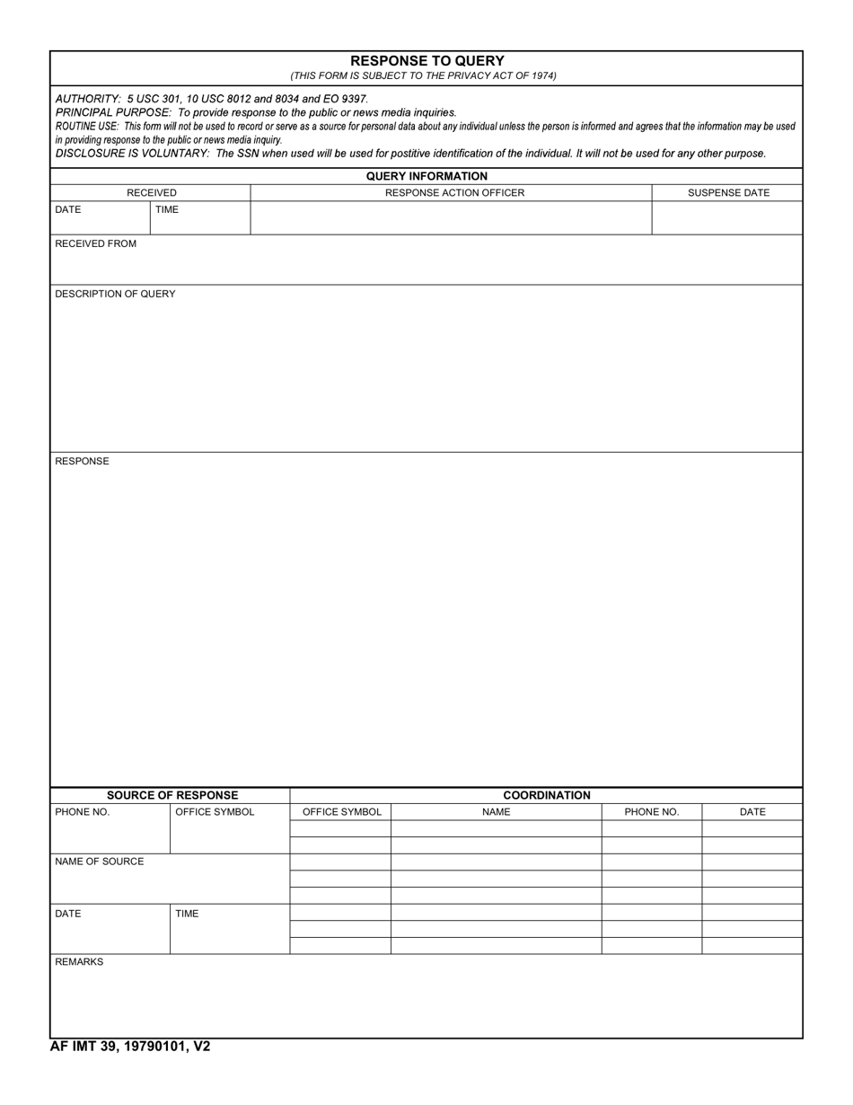 AF IMT Form 39 Response to Query, Page 1
