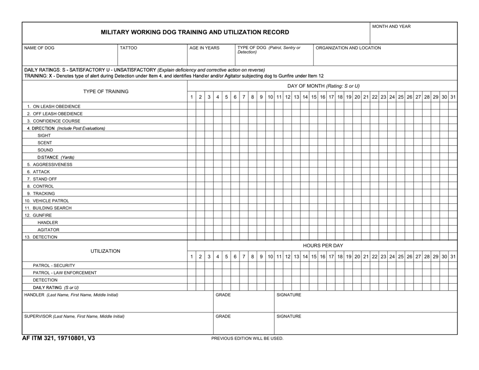 AF IMT Form 321 Military Working Dog Training and Utilization Record, Page 1