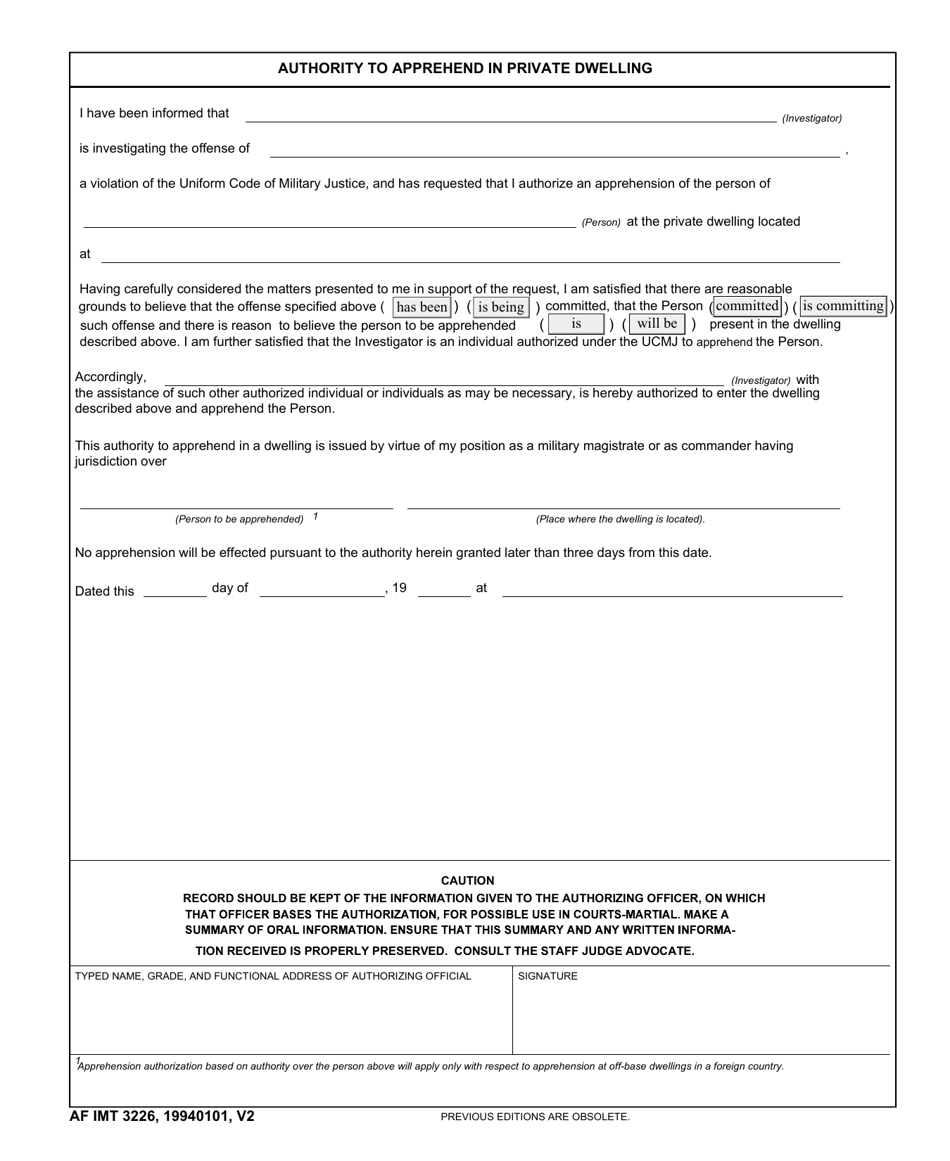 AF IMT Form 3226 Authority to Apprehend in Private Dwelling, Page 1