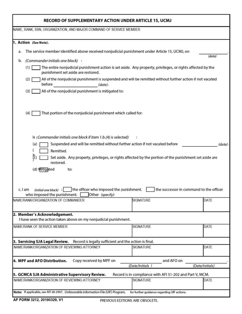 AF Form 3212 Record of Supplementary Action Under Article 15, Ucmj