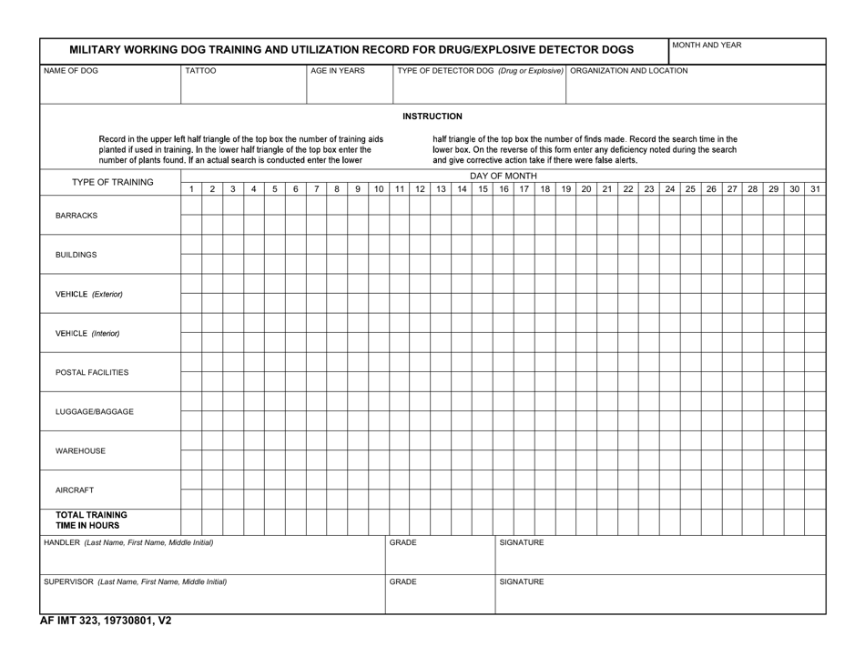 AF IMT Form 323 Military Working Dog Training and Utilization Record for Drug / Explosive Detector Dogs, Page 1