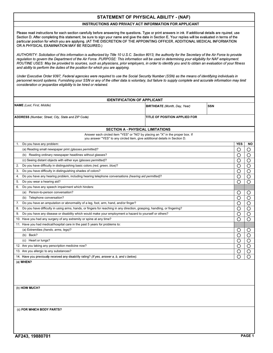 AF Form 243 - Fill Out, Sign Online and Download Fillable PDF ...