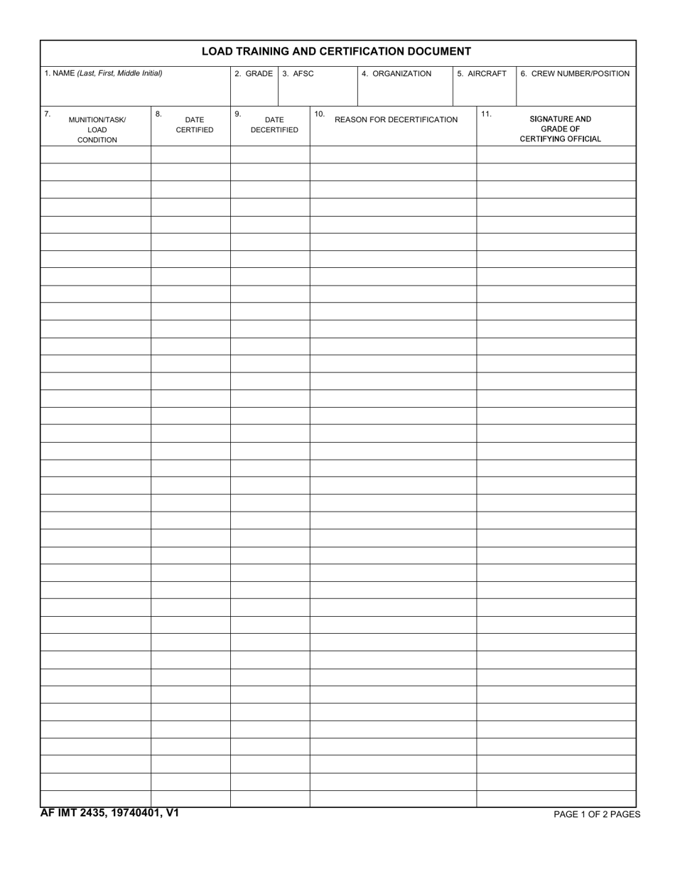 AF IMT Form 2435 Load Training and Certification Document, Page 1