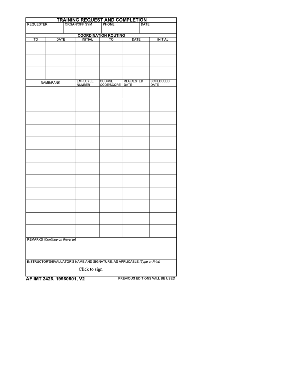 AF IMT Form 2426 Training Request and Completion, Page 1