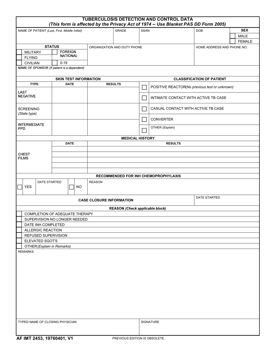 AF IMT Form 2453 Tuberculosis Detection and Control Data, Page 1