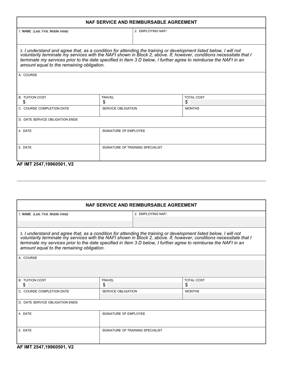 AF IMT Form 2547 NAF Service and Reimburseable Agreement, Page 1