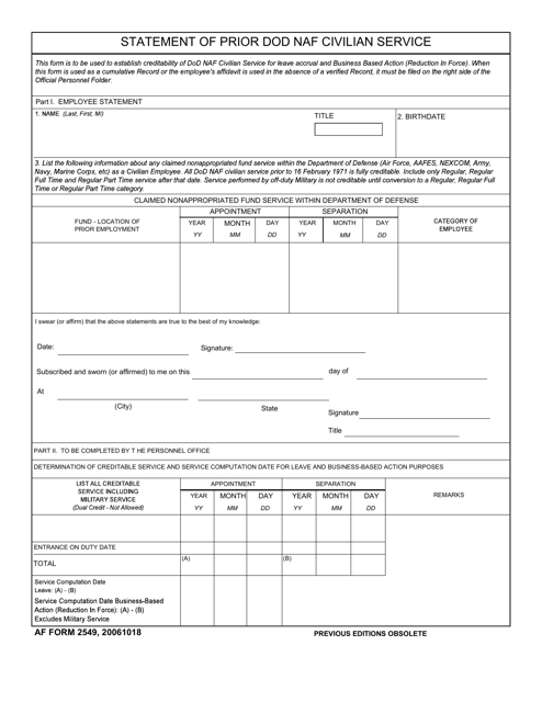 AF Form 2549 Statement of Prior DoD NAF Civilian Service