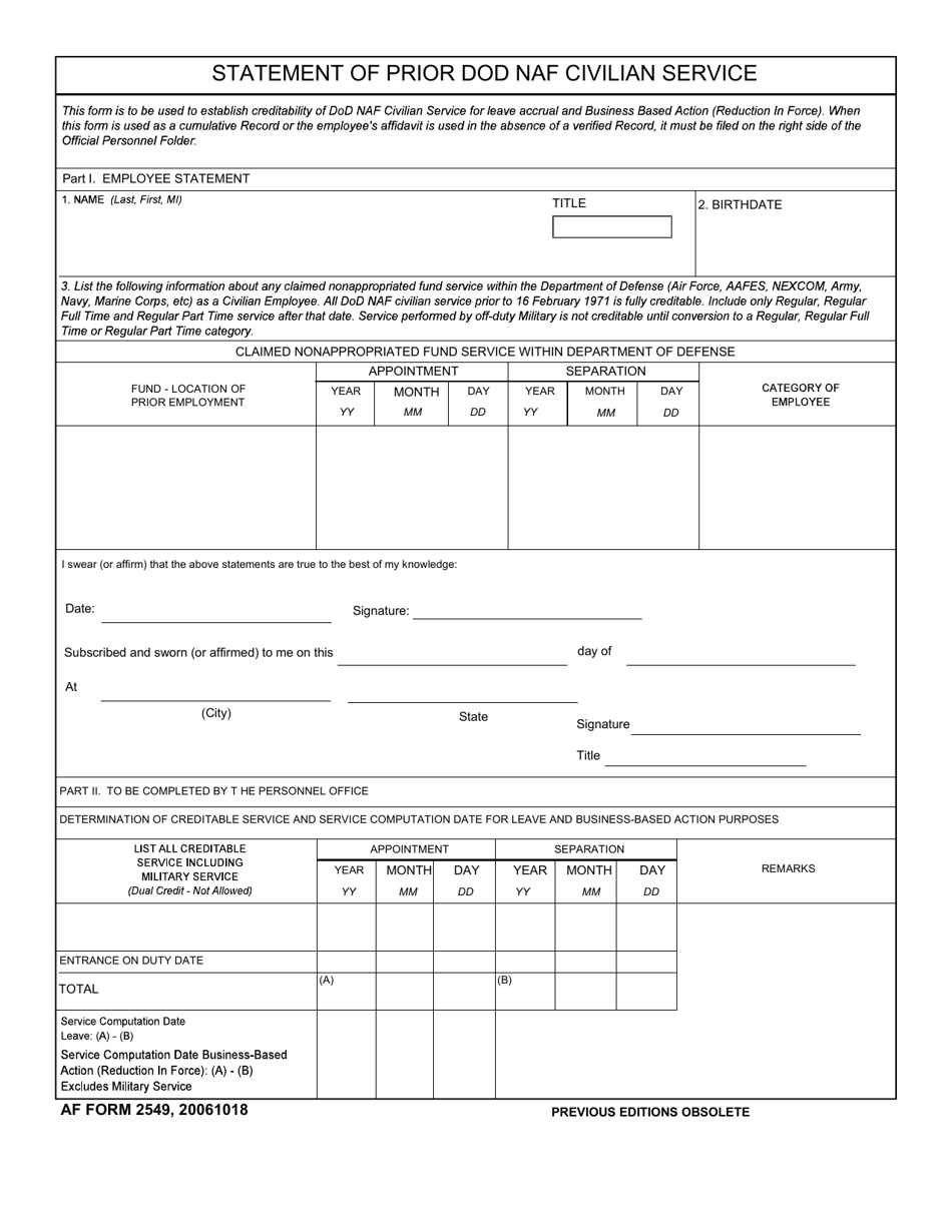 AF Form 2549 Statement of Prior DoD NAF Civilian Service, Page 1