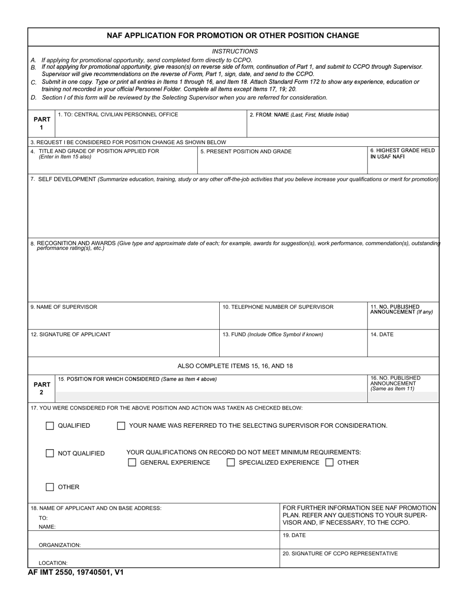 AF IMT Form 2550 NAF Application for Promotion or Other Position Change, Page 1