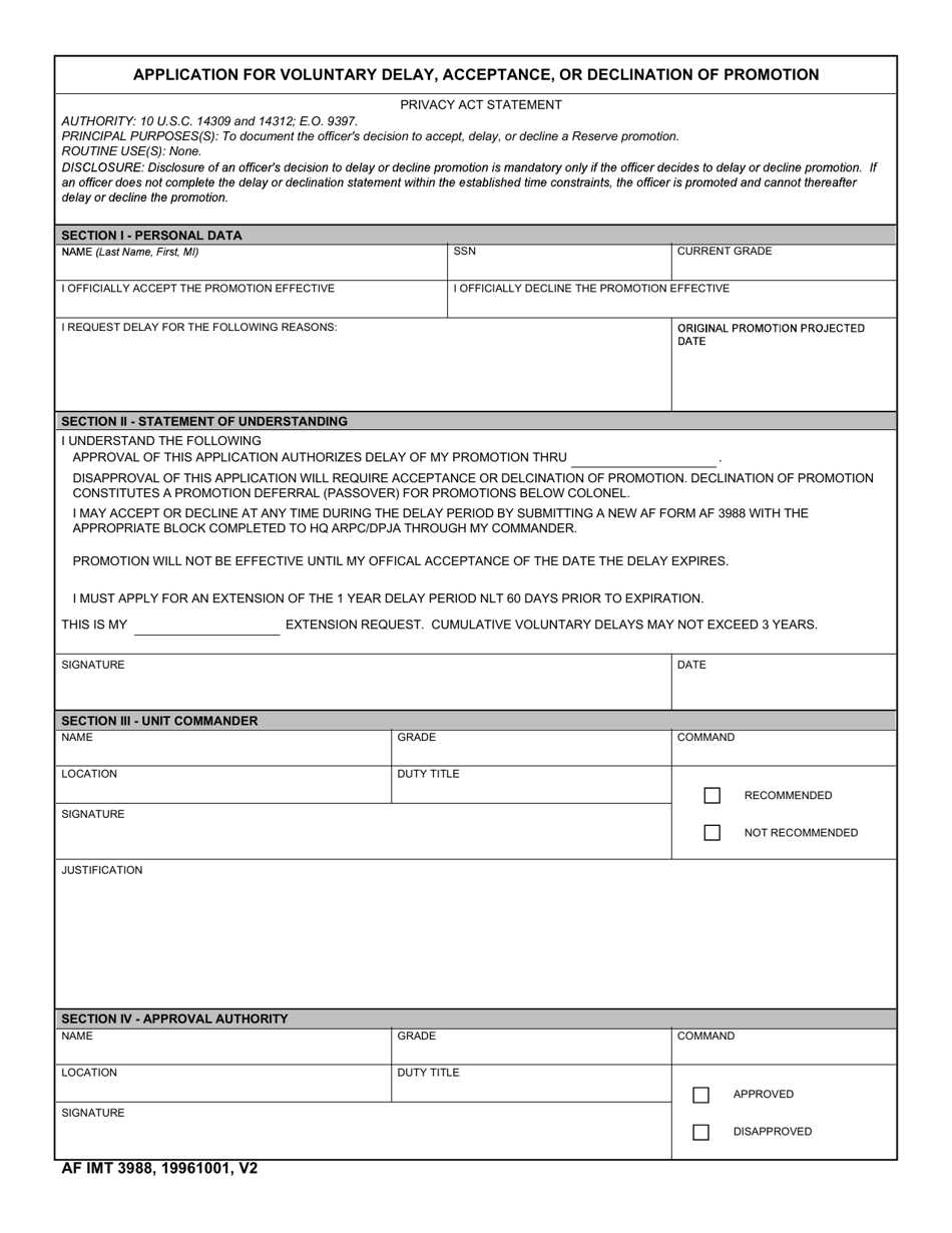 AF IMT Form 3988 Application for Voluntary Delay, Acceptance, or Declination of Promotion, Page 1