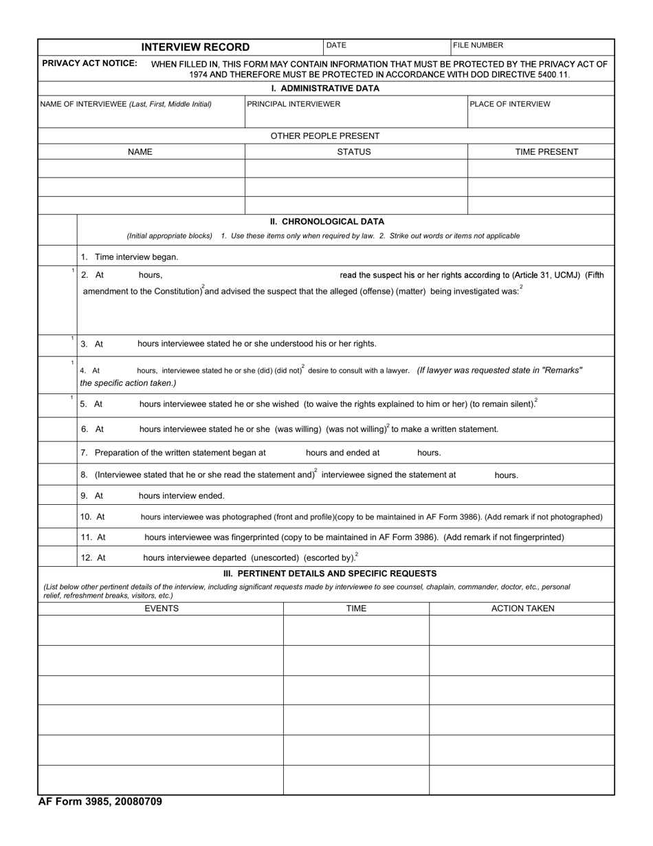 AF Form 3985 Interview Record, Page 1