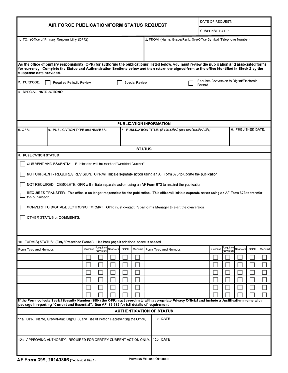 AF Form 399 Air Force Publication / Form Status Request, Page 1