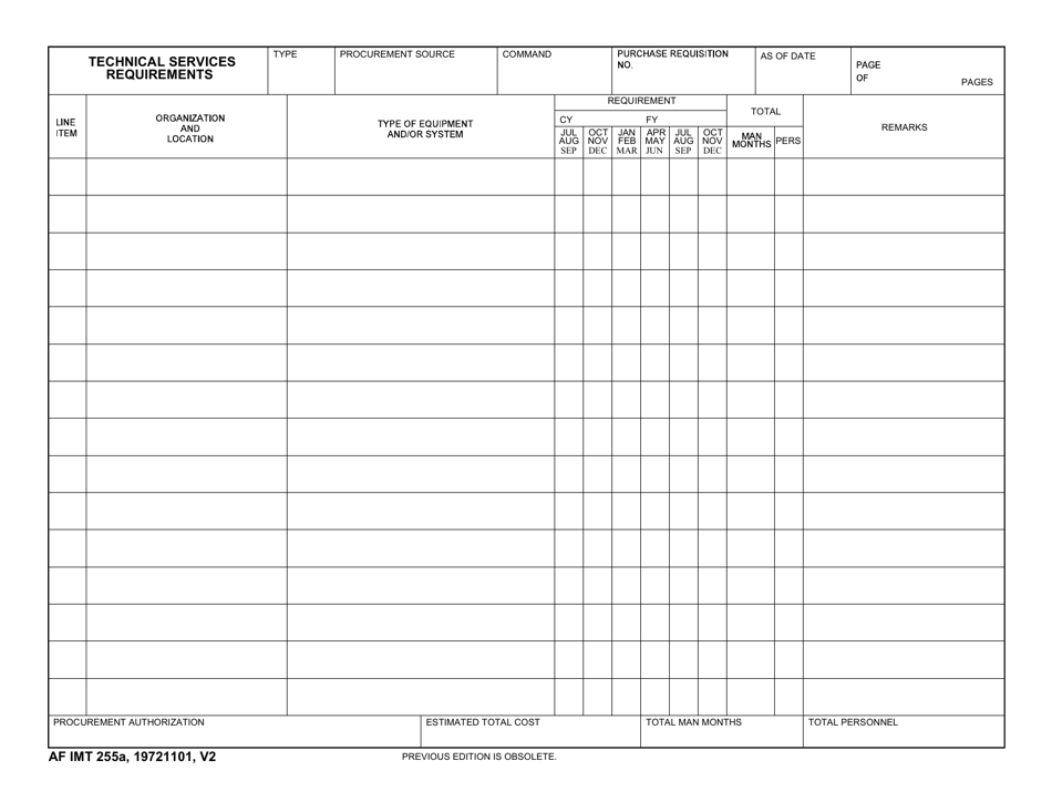 AF IMT Form 255A Technical Services Requirements, Page 1