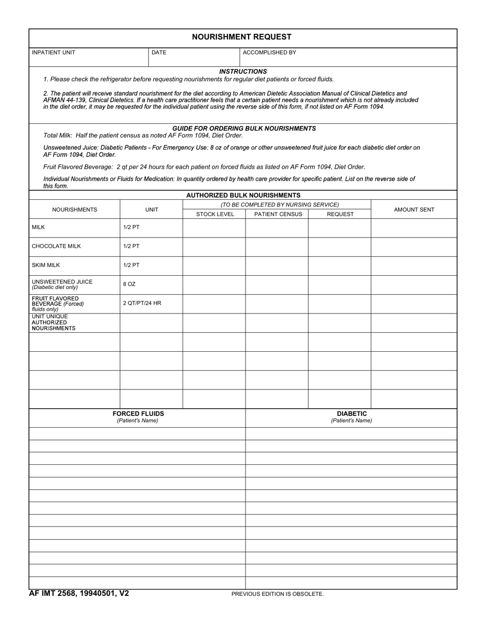 AF IMT Form 2568 Nourishment Request, Page 1