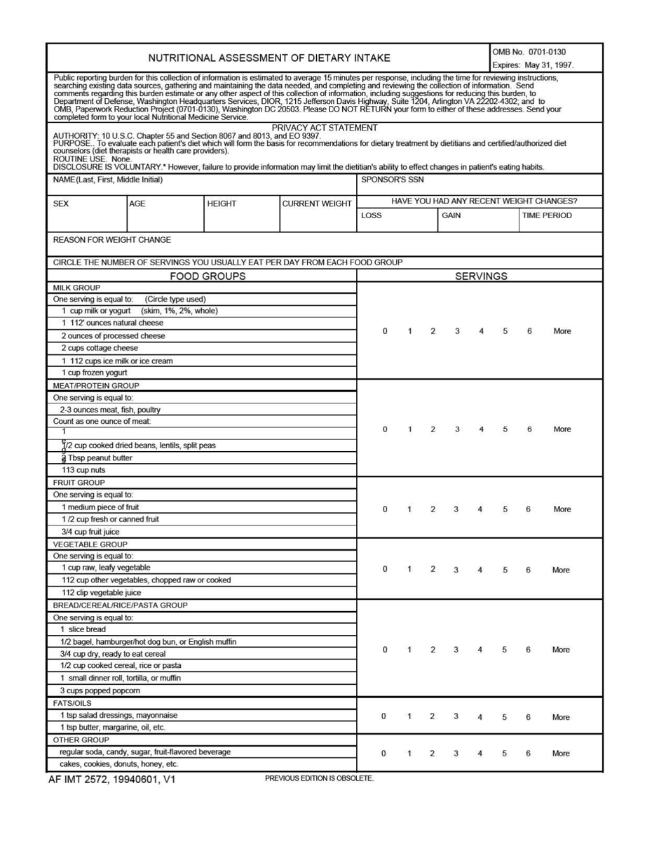 AF IMT Form 2572 Nutritional Assessment of Dietary Intake, Page 1