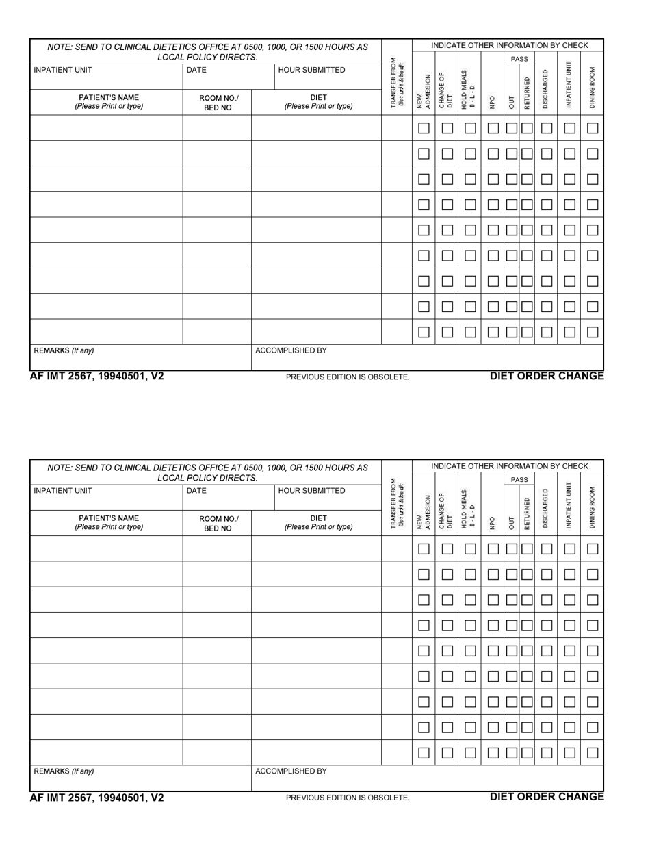 AF IMT Form 2567 Diet Order Change, Page 1
