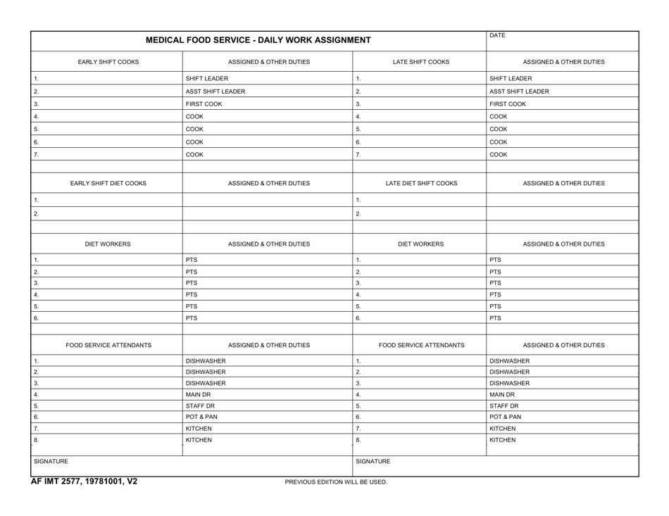 AF IMT Form 2577 Medical Food Service - Daily Work Assignment, Page 1