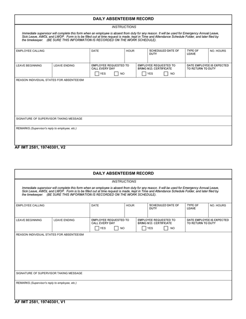AF IMT Form 2581 Daily Absenteeism Record