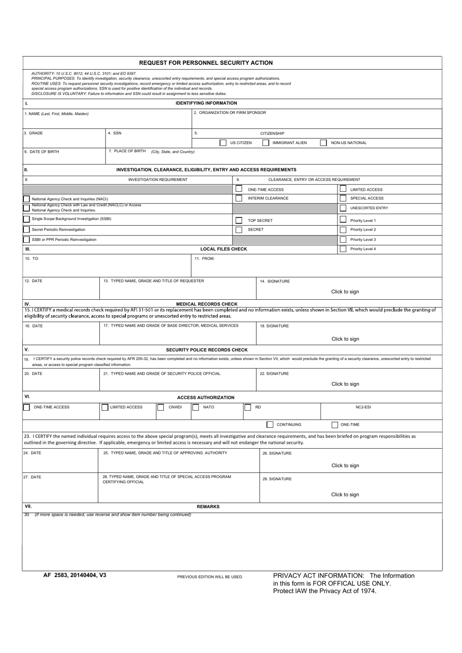 AF Form 2583 Request for Personnel Security Action, Page 1