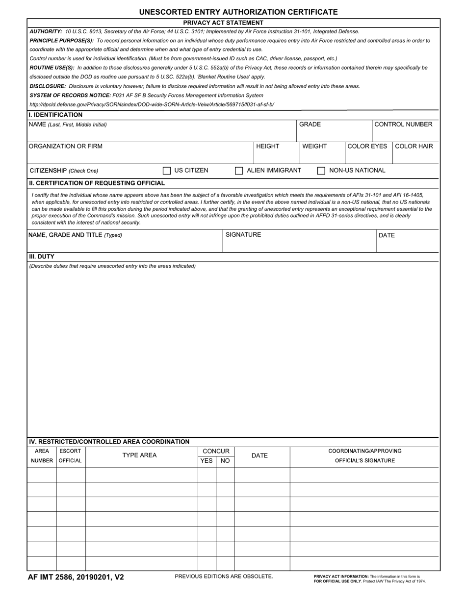 AF IMT Form 2586 Unescorted Entry Authorization Certificate, Page 1