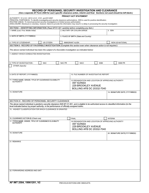 AF IMT Form 2584 Record of Personnel Security Investigation and Clearance