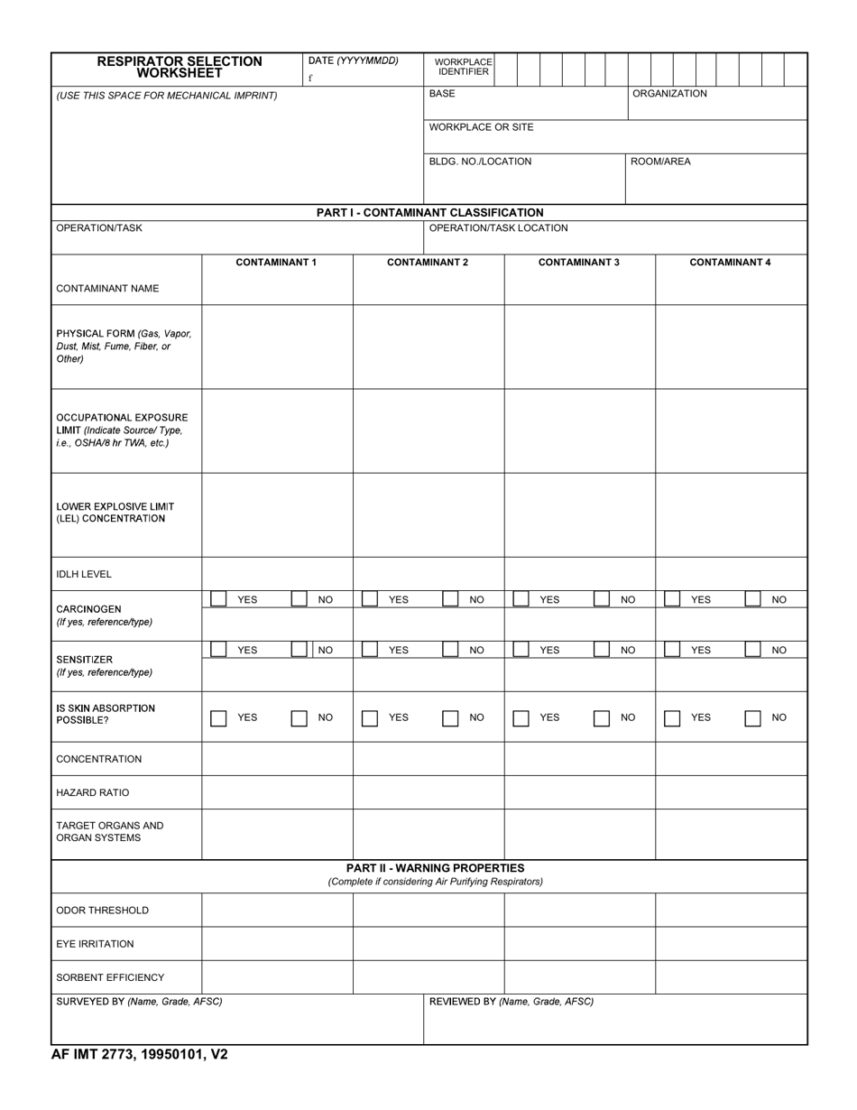 AF IMT Form 2773 Respirator Selection Worksheet, Page 1