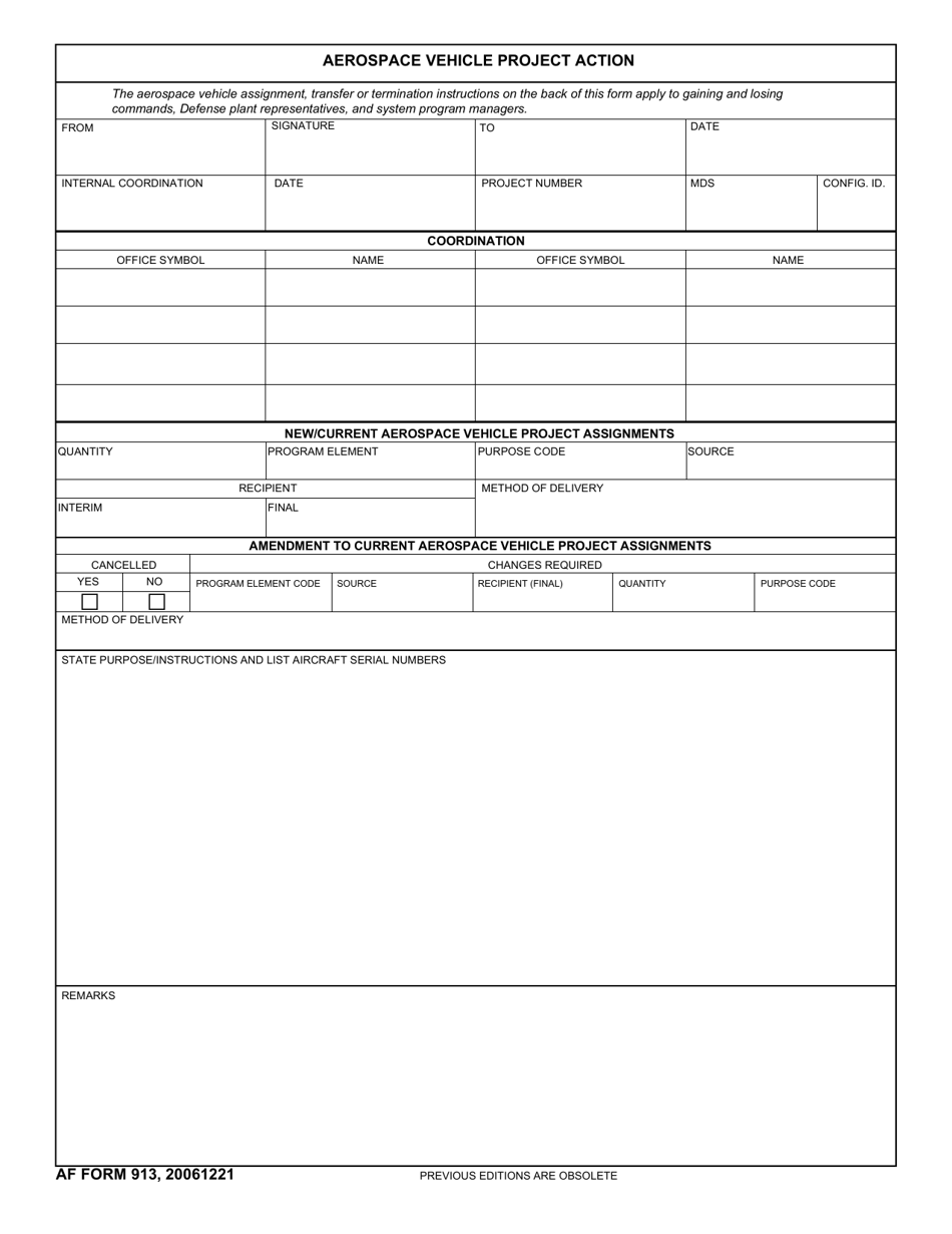 AF Form 913 Aerospace Vehicle Project Action, Page 1