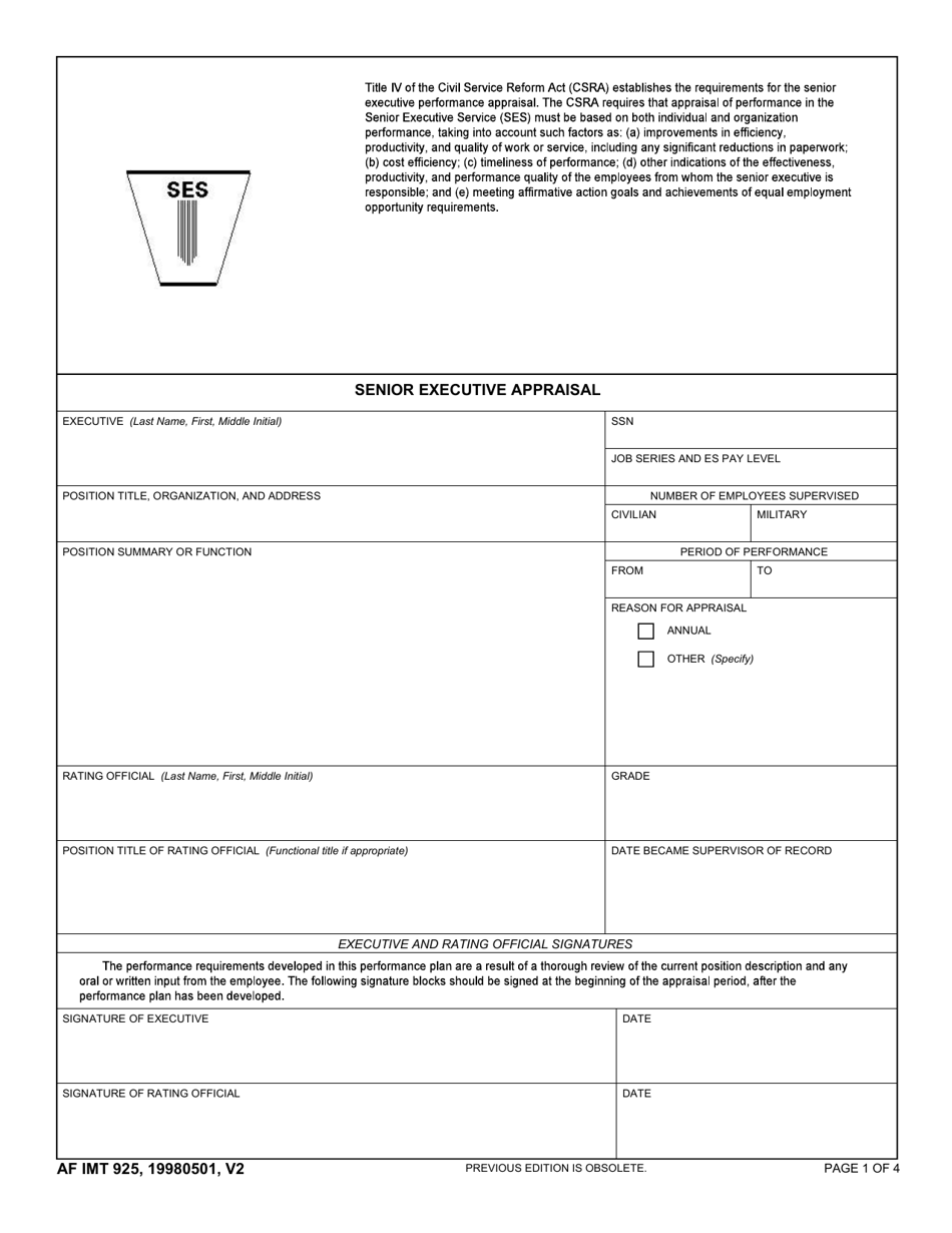 AF IMT Form 925 Senior Executive Appraisal, Page 1