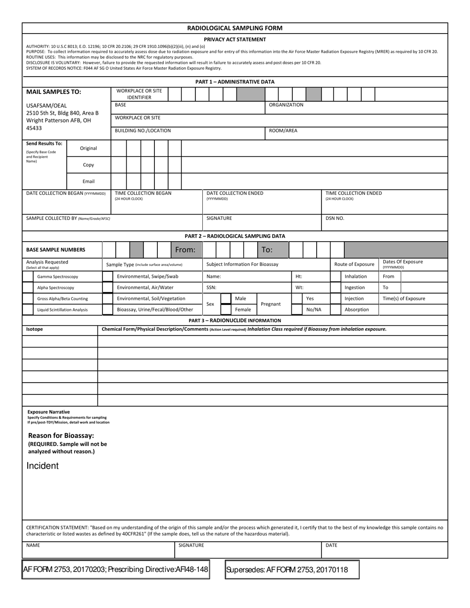 AF Form 2753 Radiological Sampling Form, Page 1
